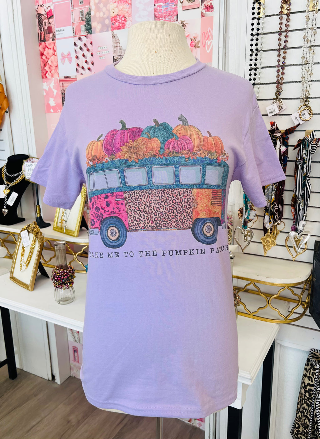 Take Me To The Pumpkin Patch Groovy Bus Lavender Gildan Tee