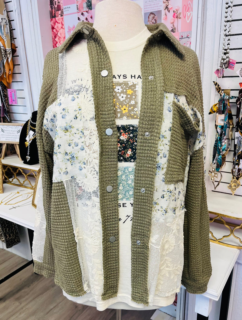 Wild Wanderer Floral Print & Lace Olive Shacket