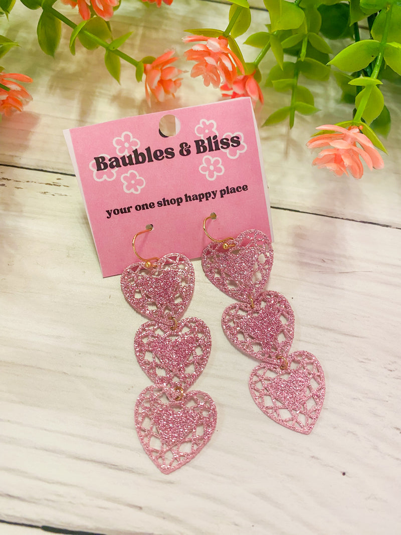 Lovely Lace Glitter Hearts Tiered Earrings