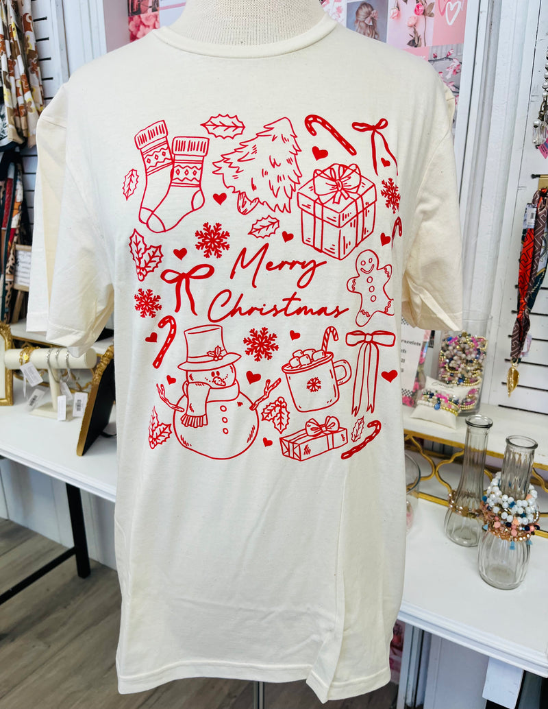 Merry Christmas Doodles Red Natural Tee