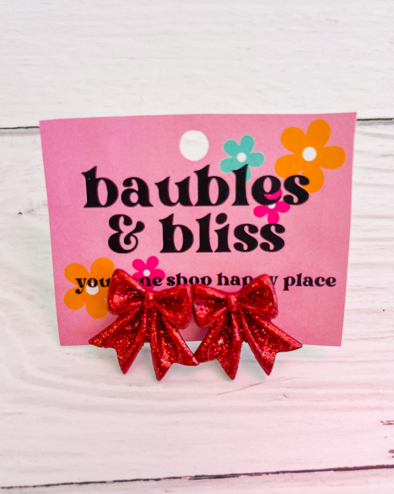 Jolly Red Glitter Bow Stud Earrings