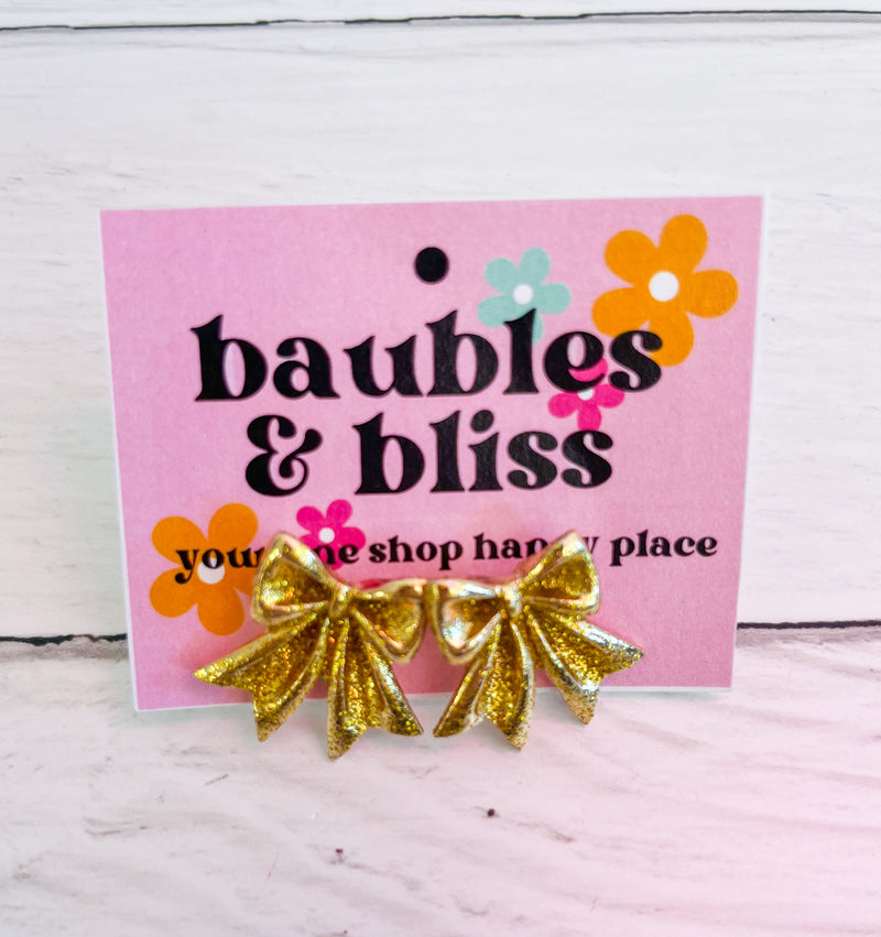 Gold Glitz Glitter Bow Stud Earrings