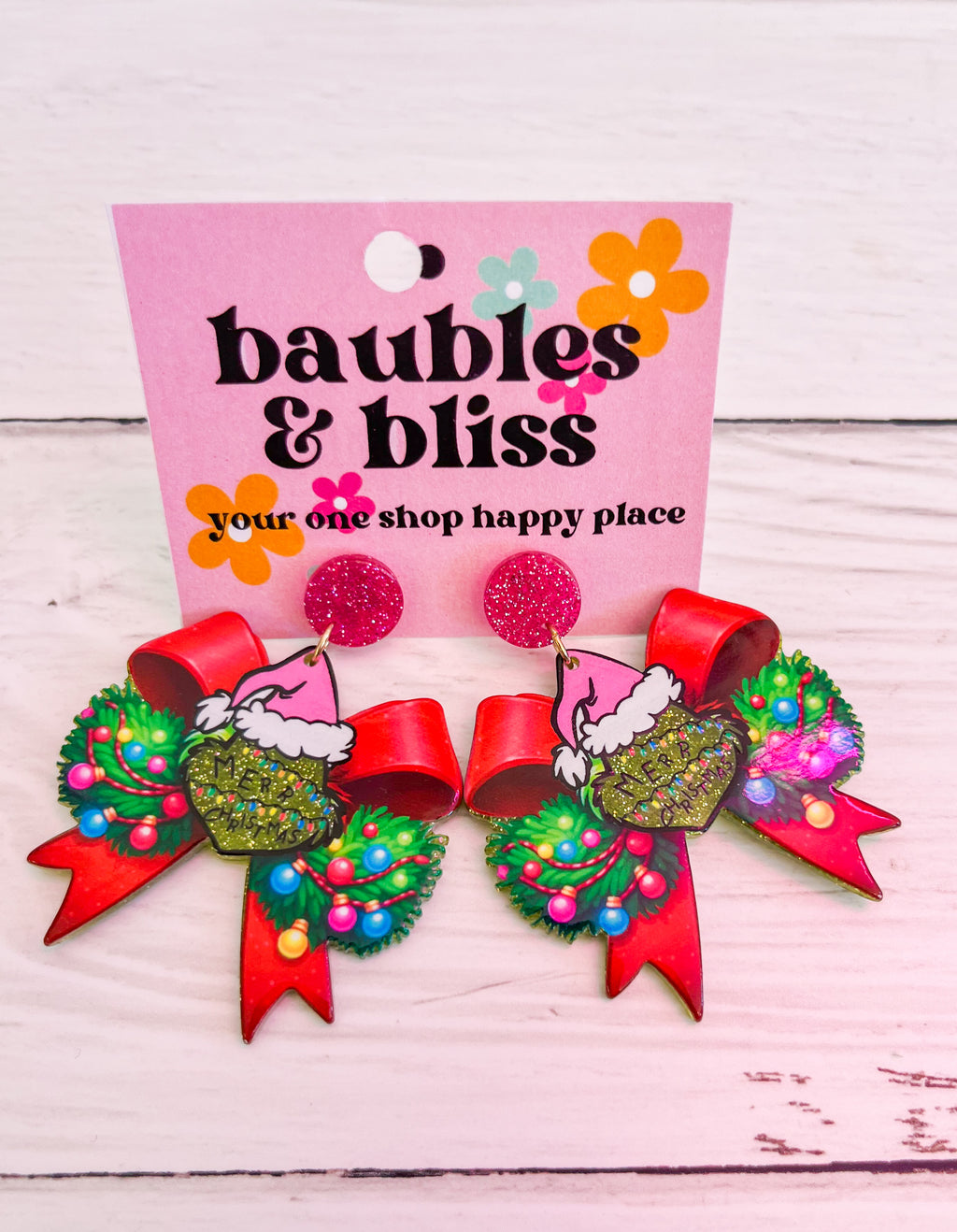 Grinchy Bow Glitter Earrings