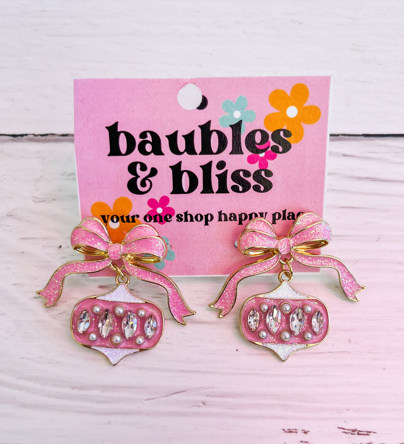 Dazzling Pink Ornament Bow Earrings