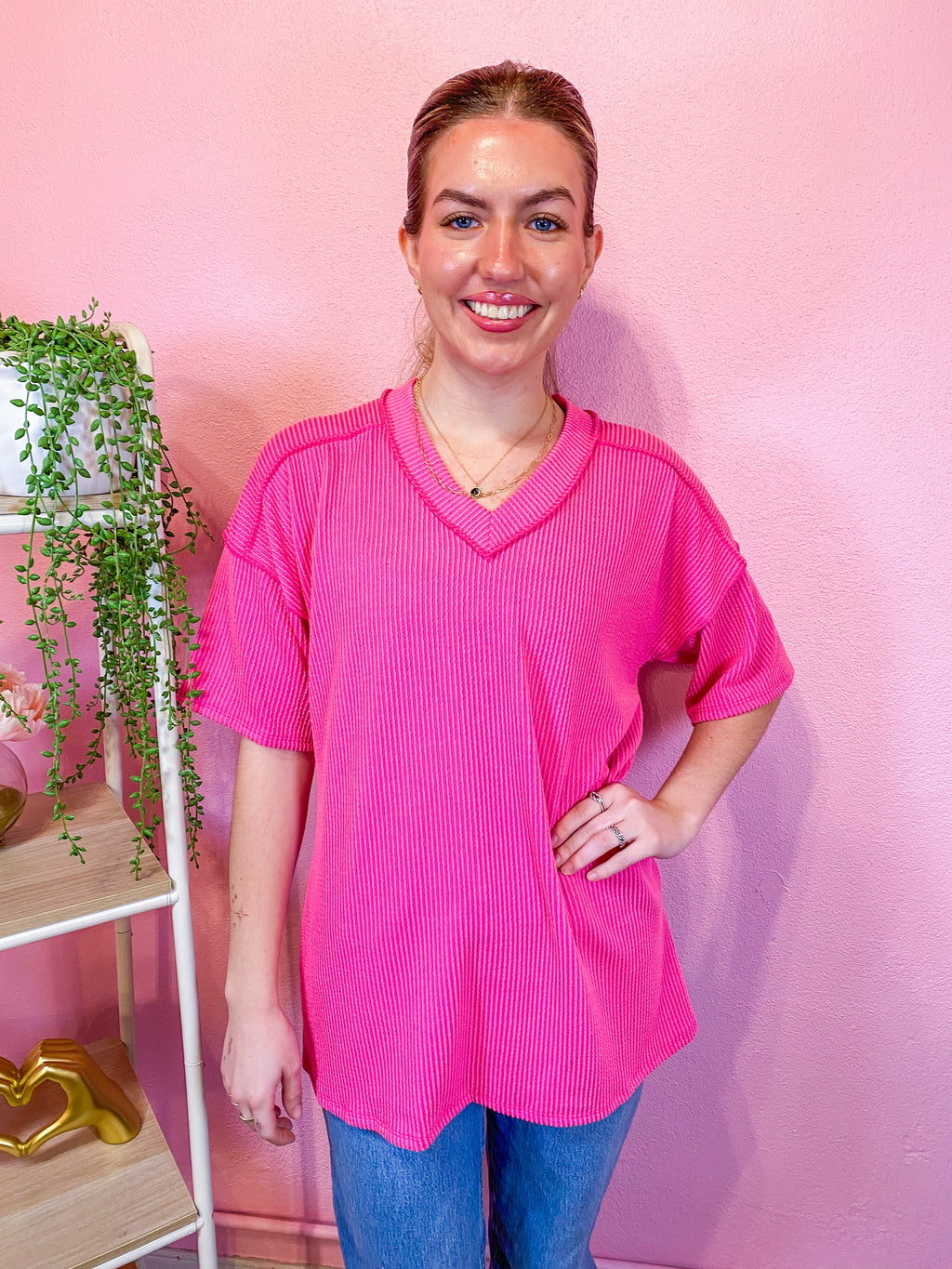 Dreaming of You Deep Pink Ribbed Short Sleeve Top