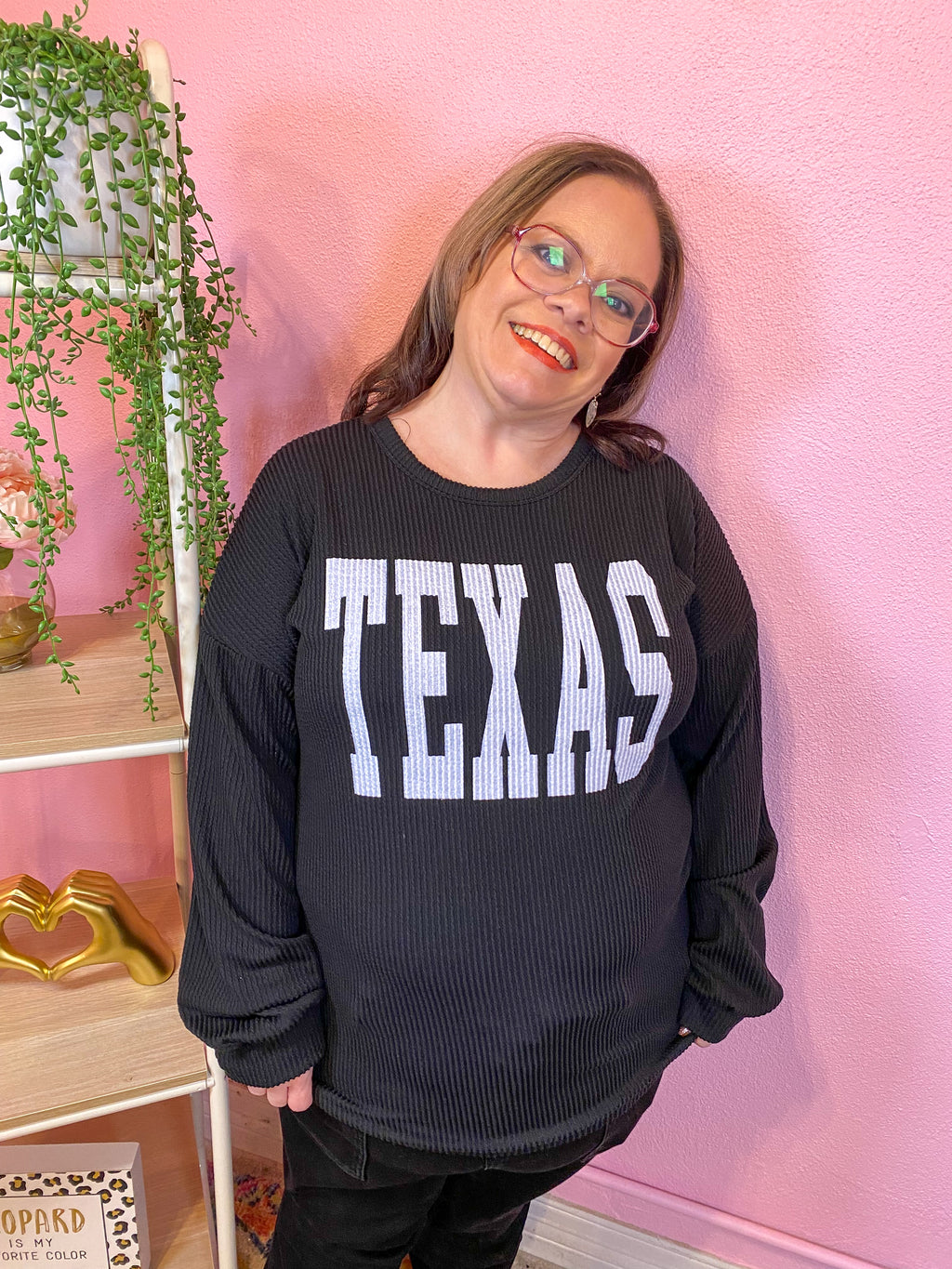 Texas Girl Black Ribbed Pullover Long Sleeve Top