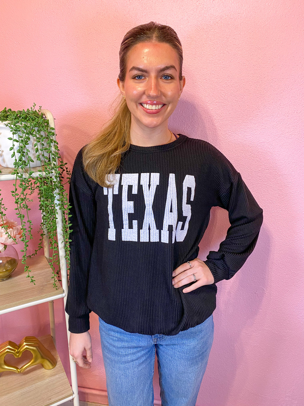 Texas Girl Black Ribbed Pullover Long Sleeve Top