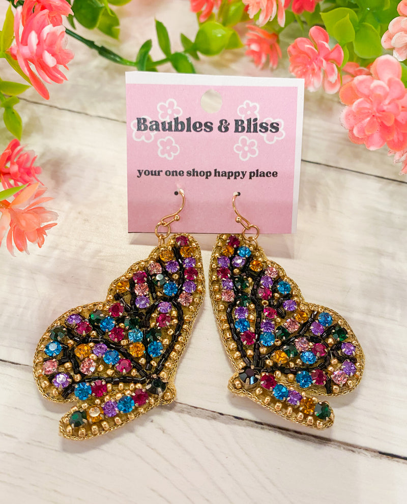 Fly High Colorful Beaded Rhinestone Butterfly Earrings