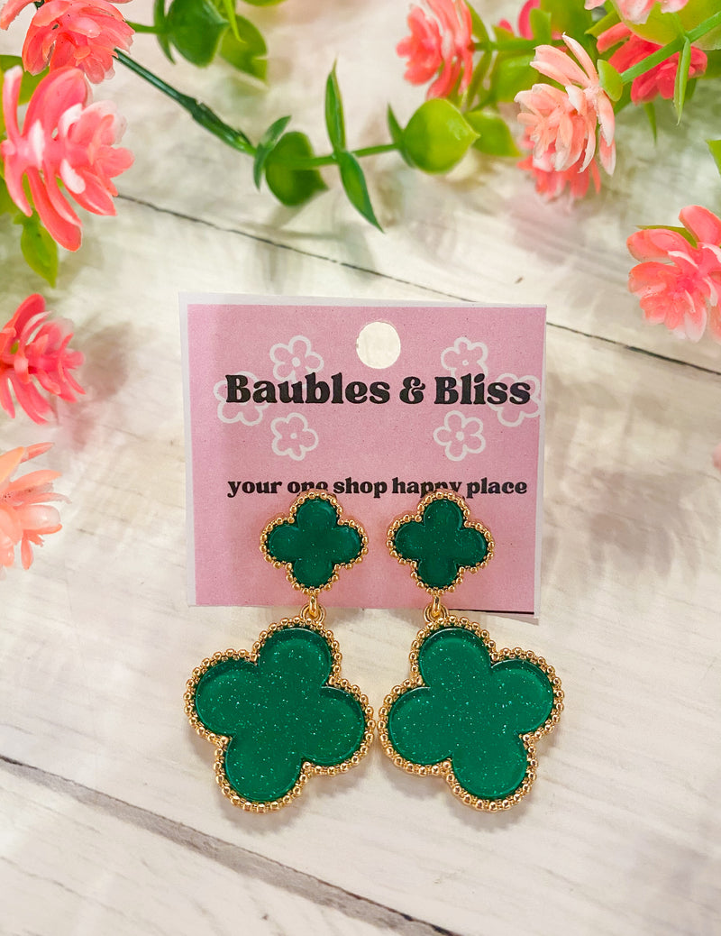 Lucky Day Double Clover Glitter Green Earrings