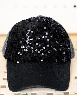 Sparkle All Night Black Sequin Baseball Hat