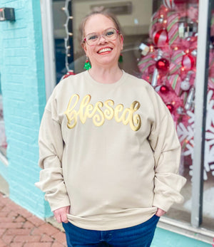 Blessed Gold Metallic Puff Print Cream Sweatshirt