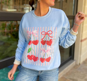 Cherry Hearts Bow Accent Baby Blue Sweatshirt