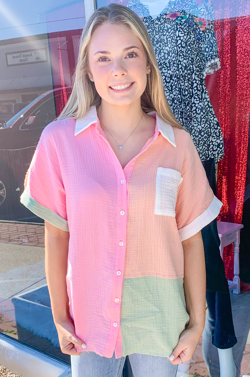 Breezy Day Pink Apricot Colorblock Button Up Top