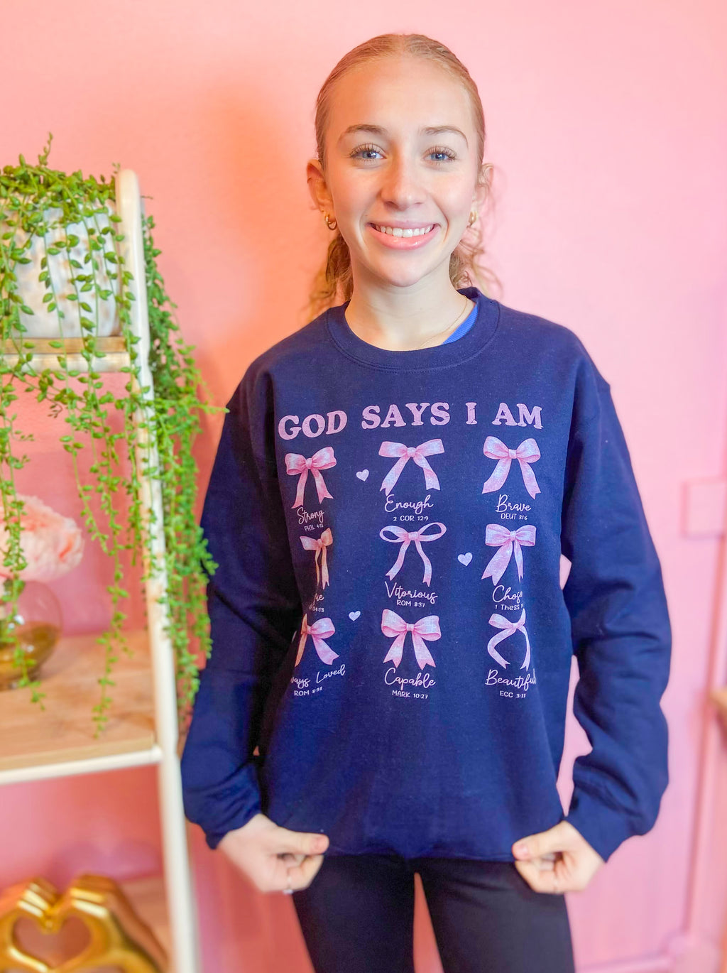 God Says I Am...Pink Bow Navy Sweatshirt