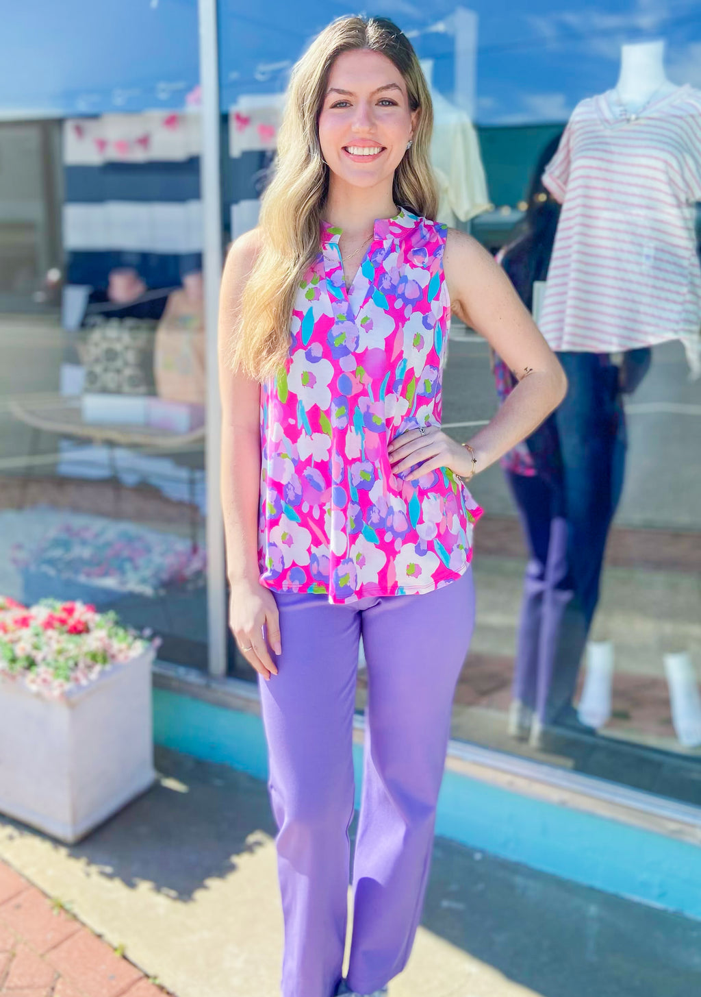 In The Sunshine Floral Magenta Sleeveless Top