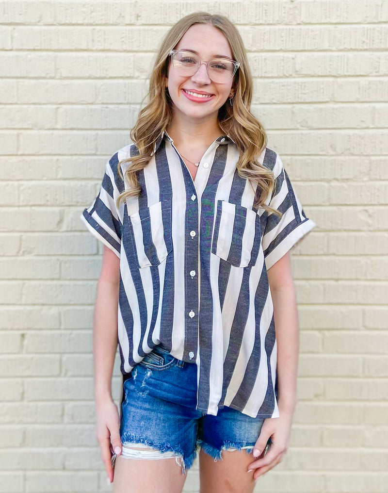 More Than Casual Vintage Black Stripe Button Up Top