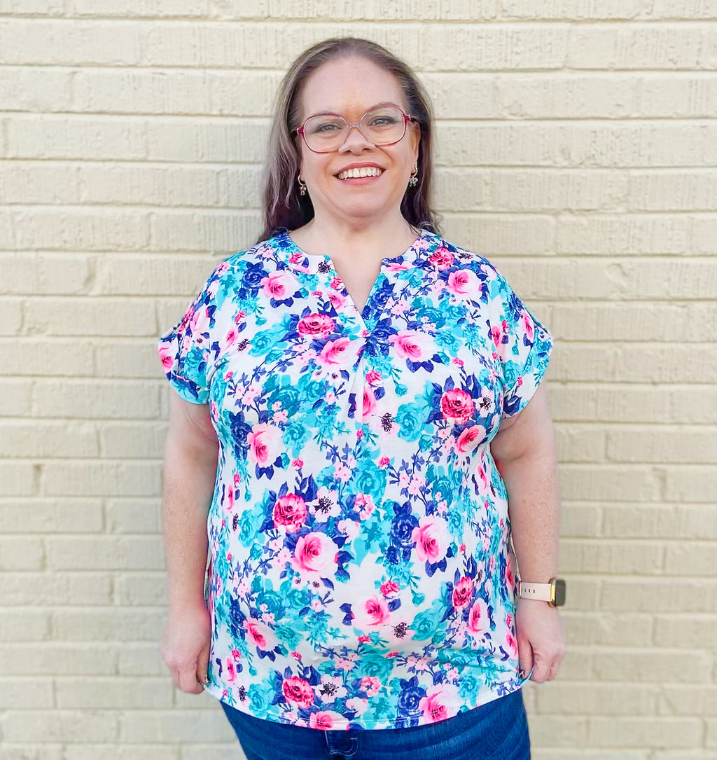 Spring In The Air Navy & Aqua Floral Beige Top