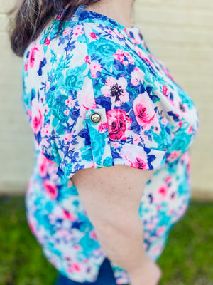 Spring In The Air Navy & Aqua Floral Beige Top