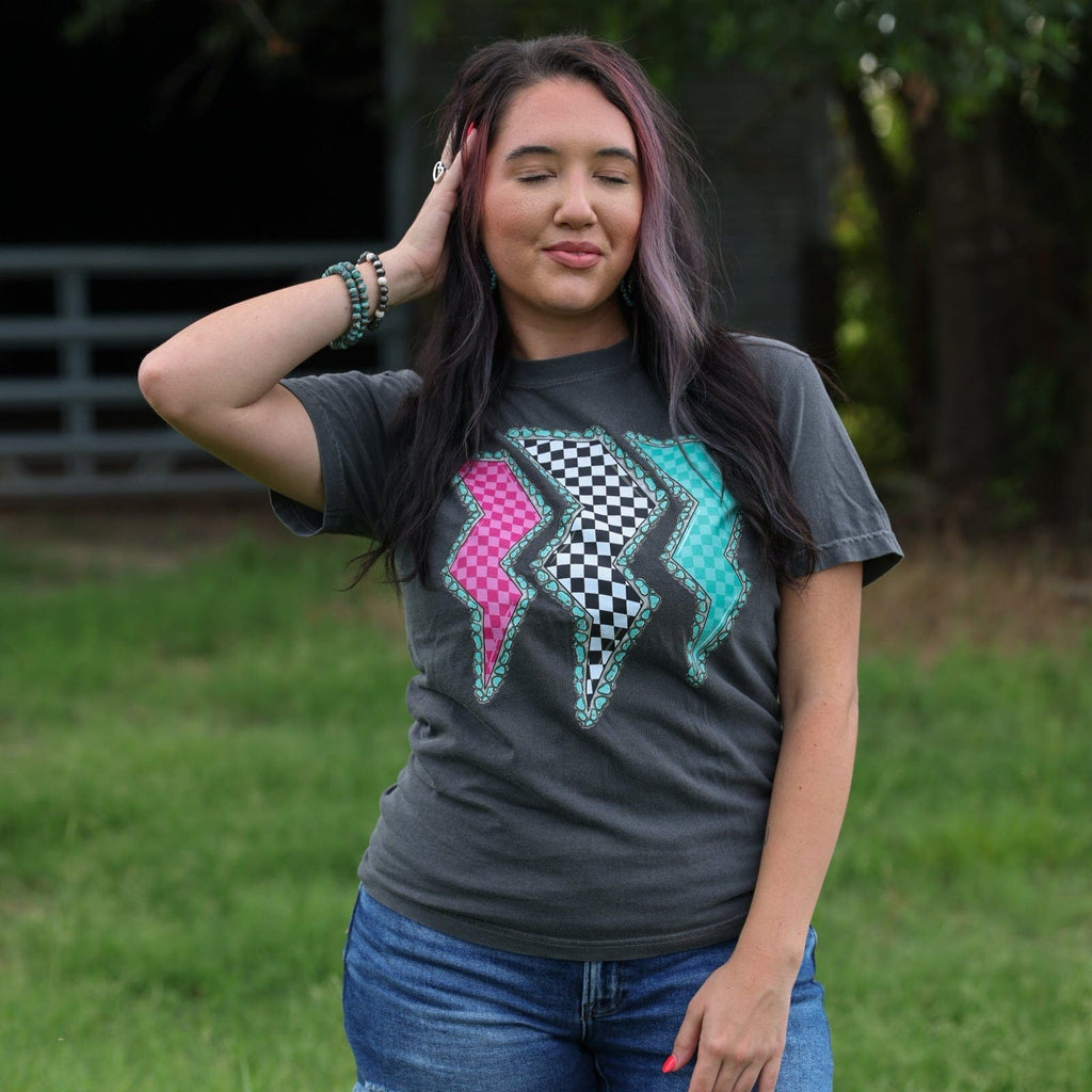 FestiviTees Women - Apparel - Shirts - T-Shirts Triple Lightning Bolt Turquoise Border Tee Soft Graphic Tee