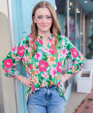 Spring In My Step Lizzy Green Multi Floral Top