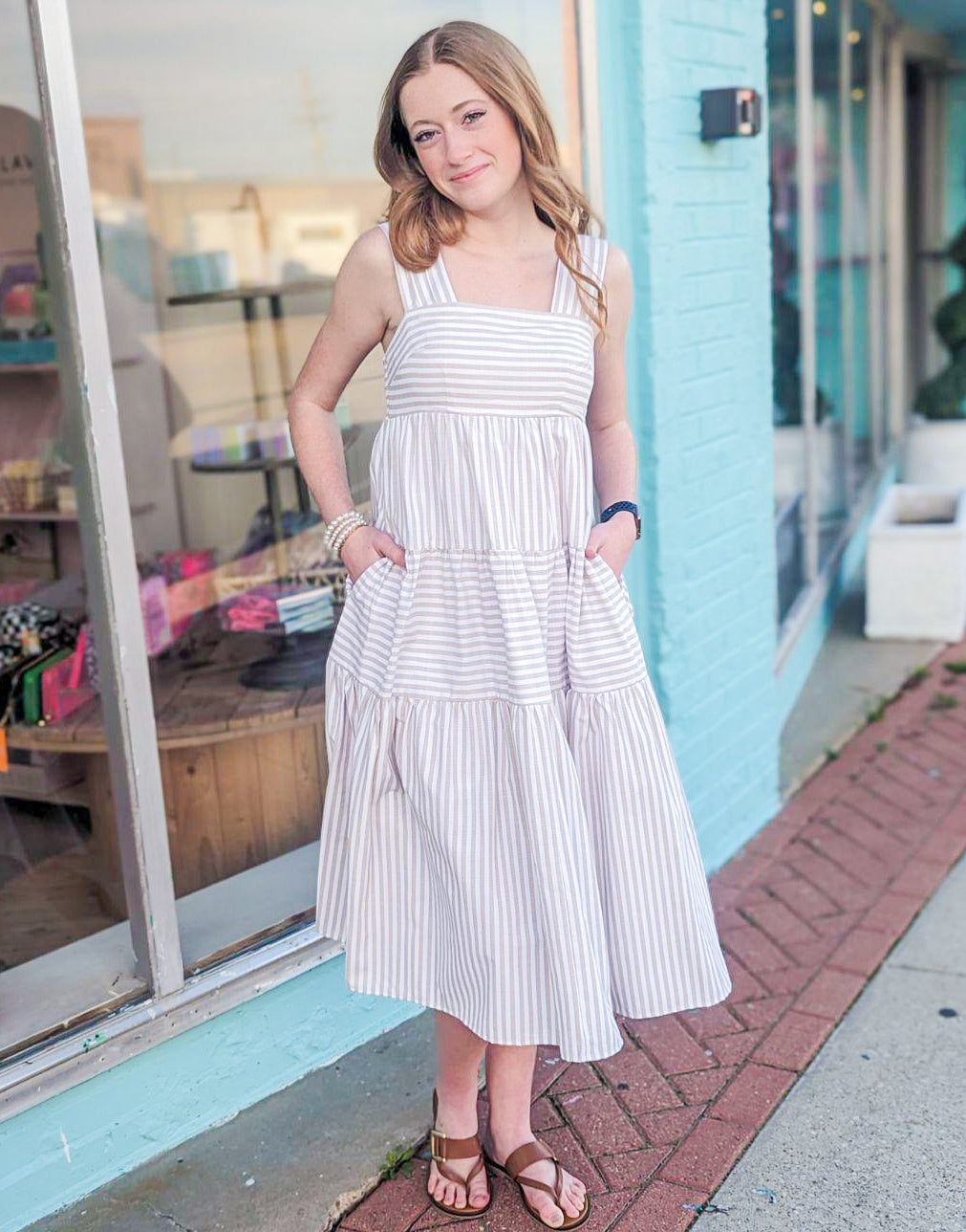 Ready For Anything Light Taupe Stripe Dress