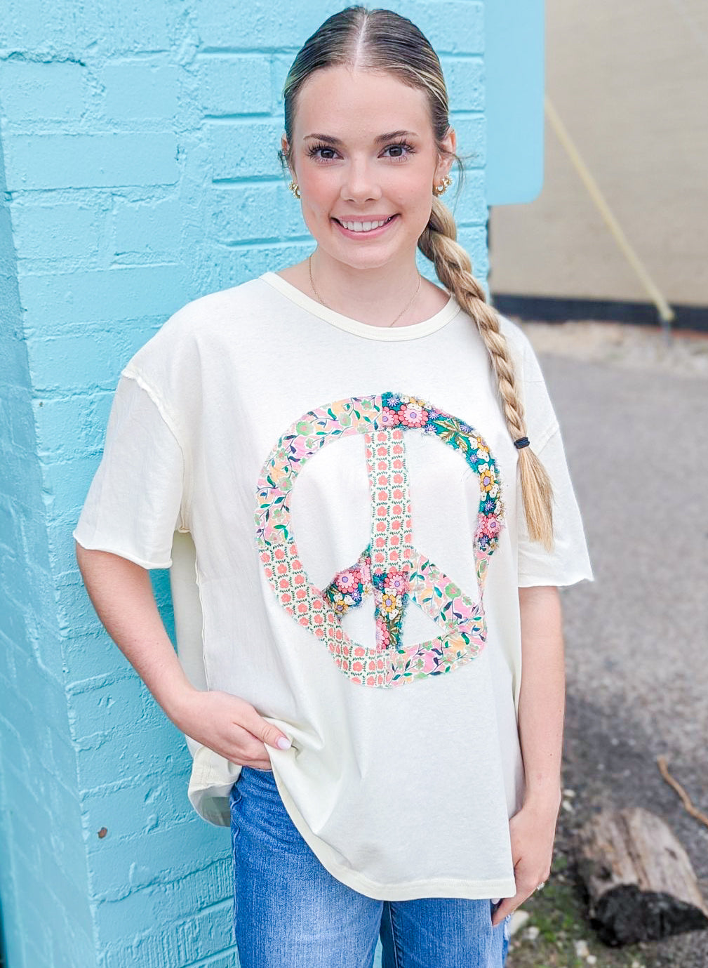 Patchwork Peace Sign Cream Boxy Tee