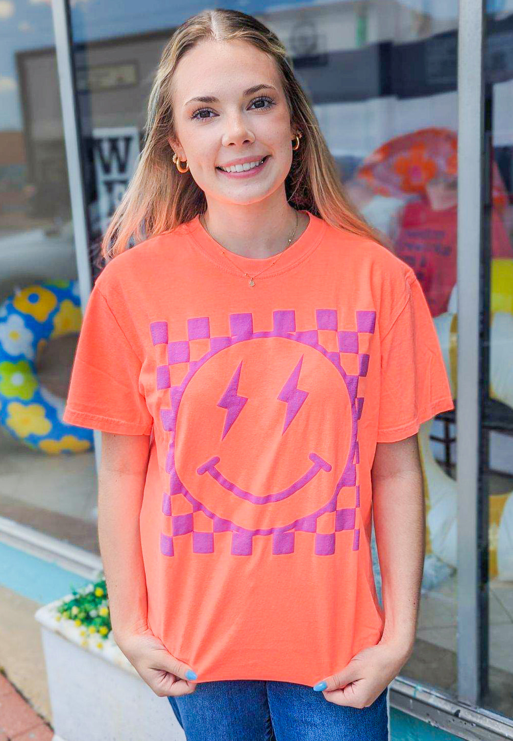 Neon Coral Puff Ink Checkered Smiley Tee