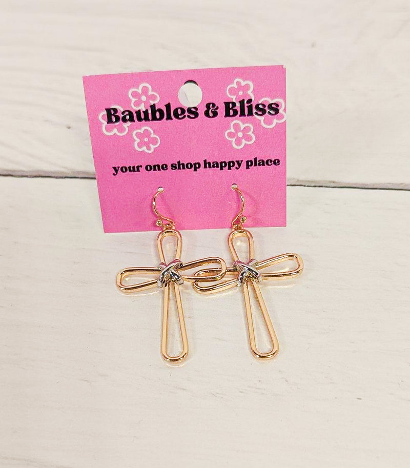 Be Blessed Cross Gold Twist Earrings