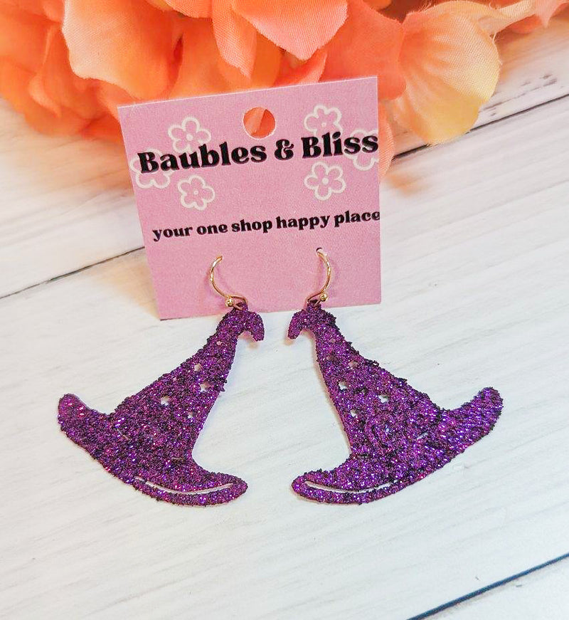 Witchy Vibes Purple Glitter Hat Earrings