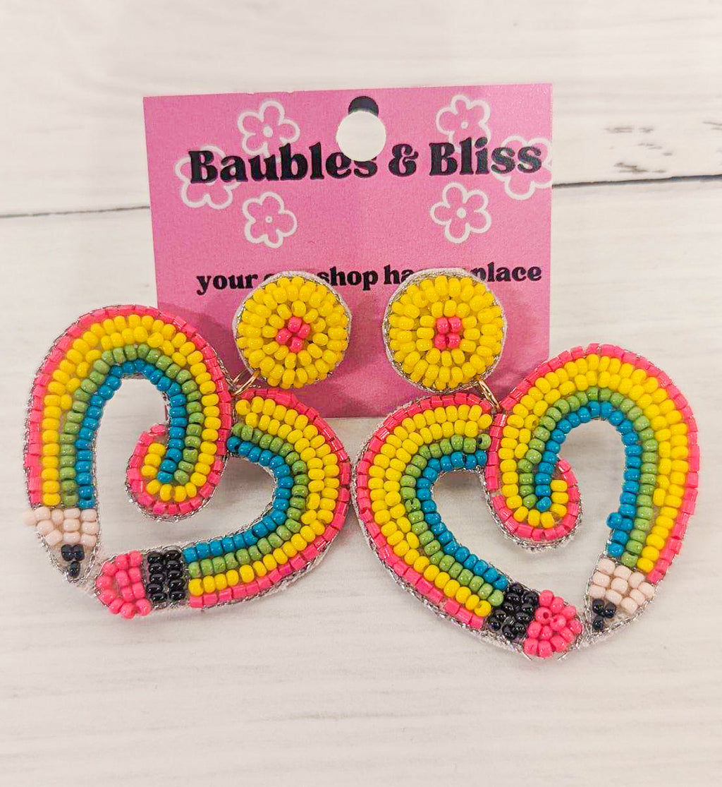Rainbow Pencil Heart Beaded Earrings