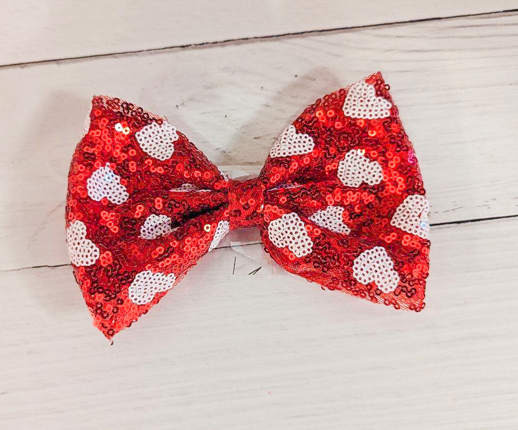 Be Mine Red & White Heart Sequin Bow Barrette