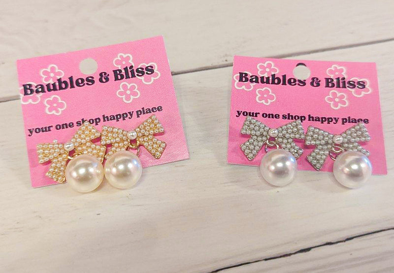 Pearl Accent Bow Stud Earrings