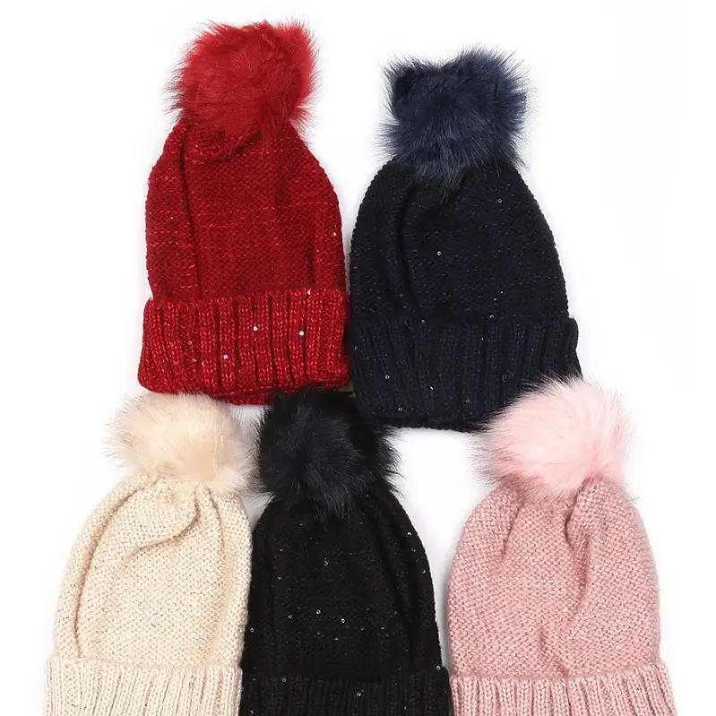 Sequin Accent Pom Pom Classic Beanie