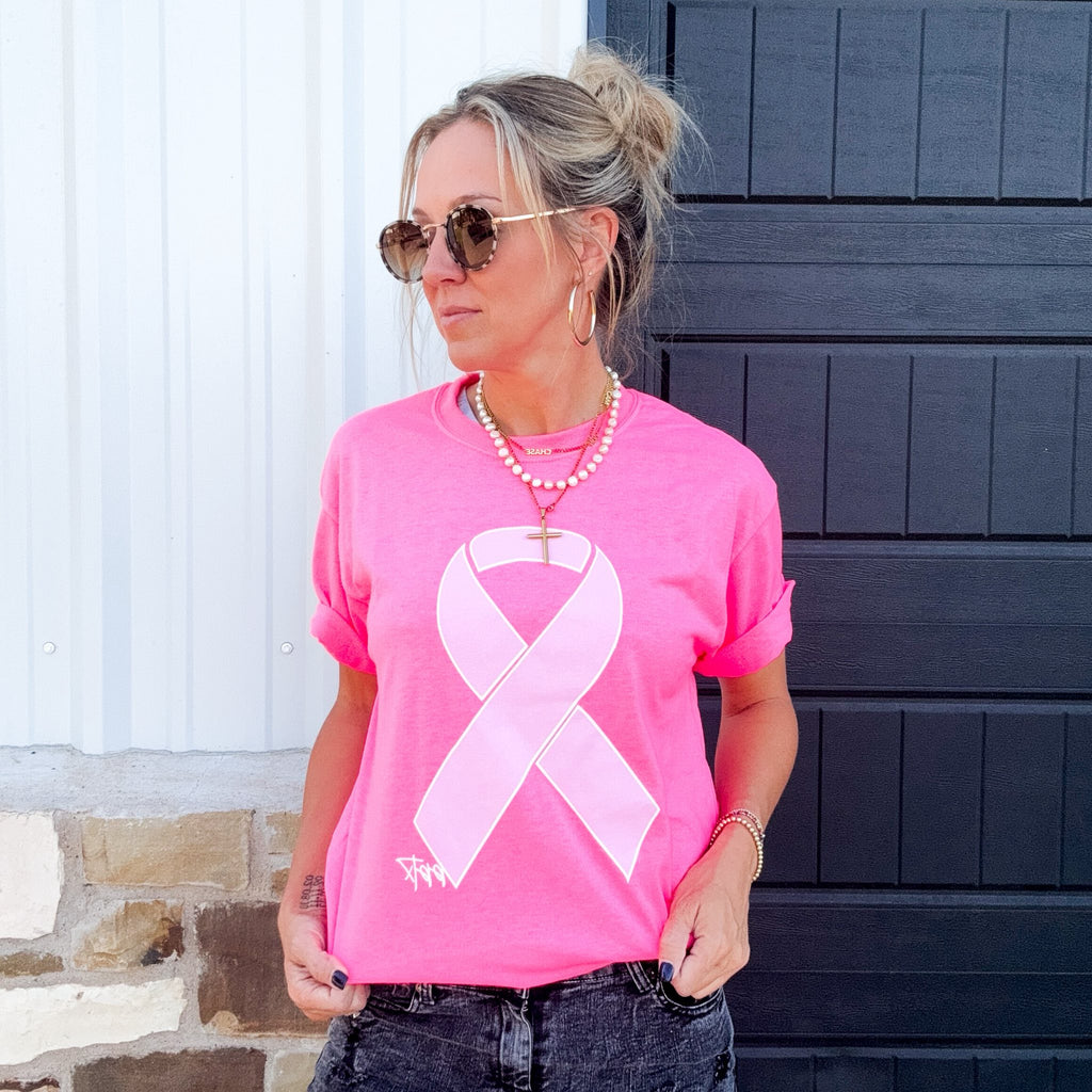 Neon Pink Breast Cancer Ribbon Tee