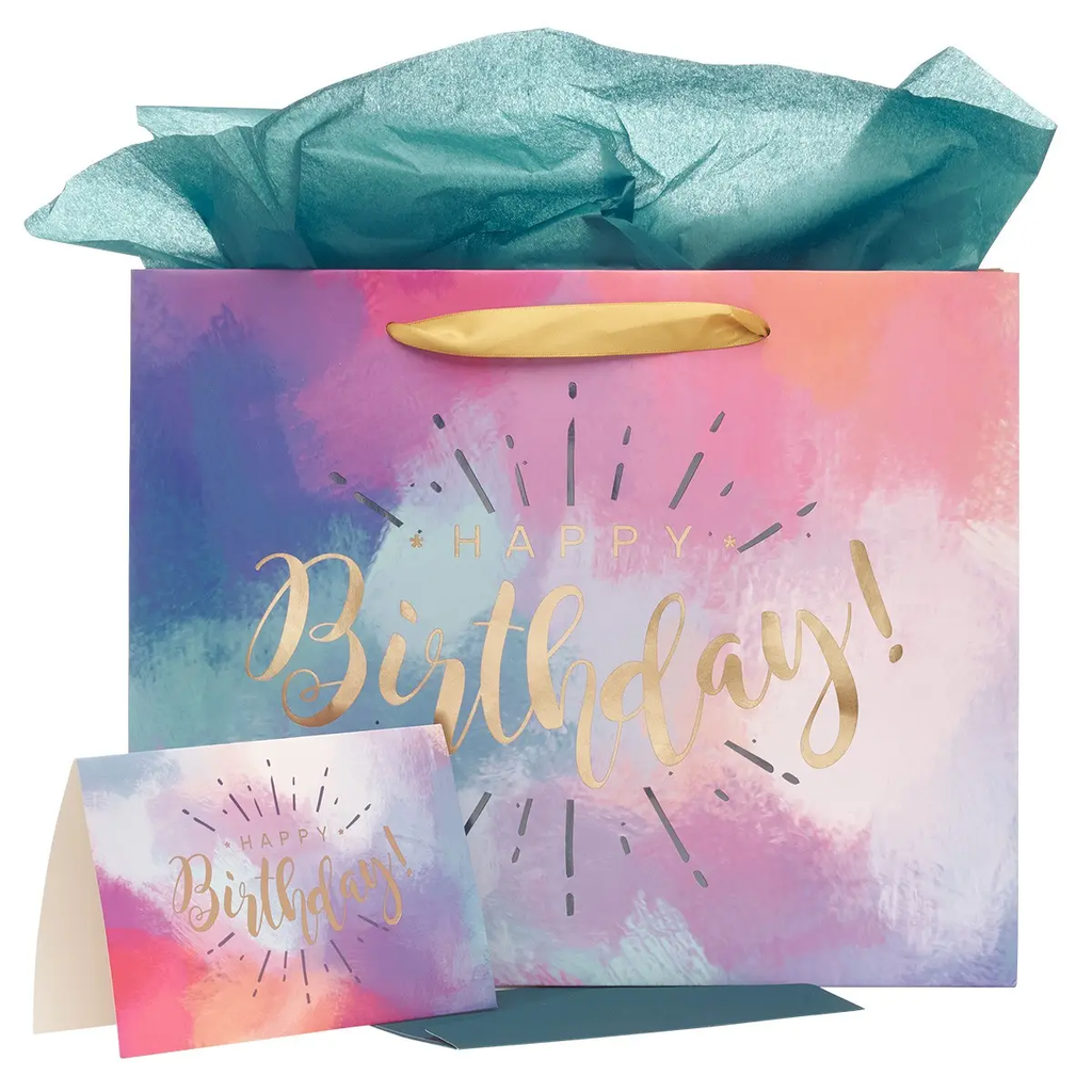 Happy Birthday Multicolored Large Gift Bag Set with Card