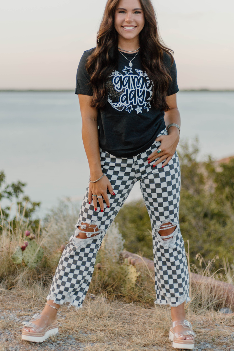 Round The Track Checkered Distressed Jeans