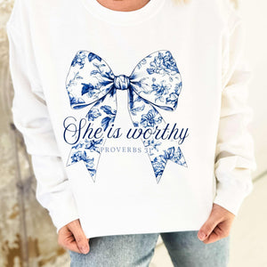 PREORDER She Is Worthy Blue Bow Tee or Sweatshirt