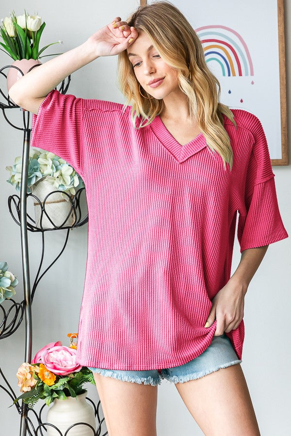 Dreaming of You Deep Pink Ribbed Short Sleeve Top