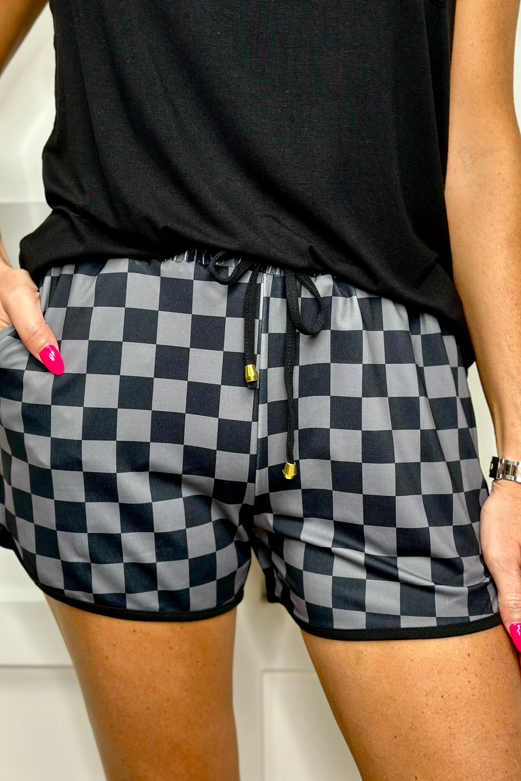 Check Back Black Checkered Drawstring Everyday Shorts