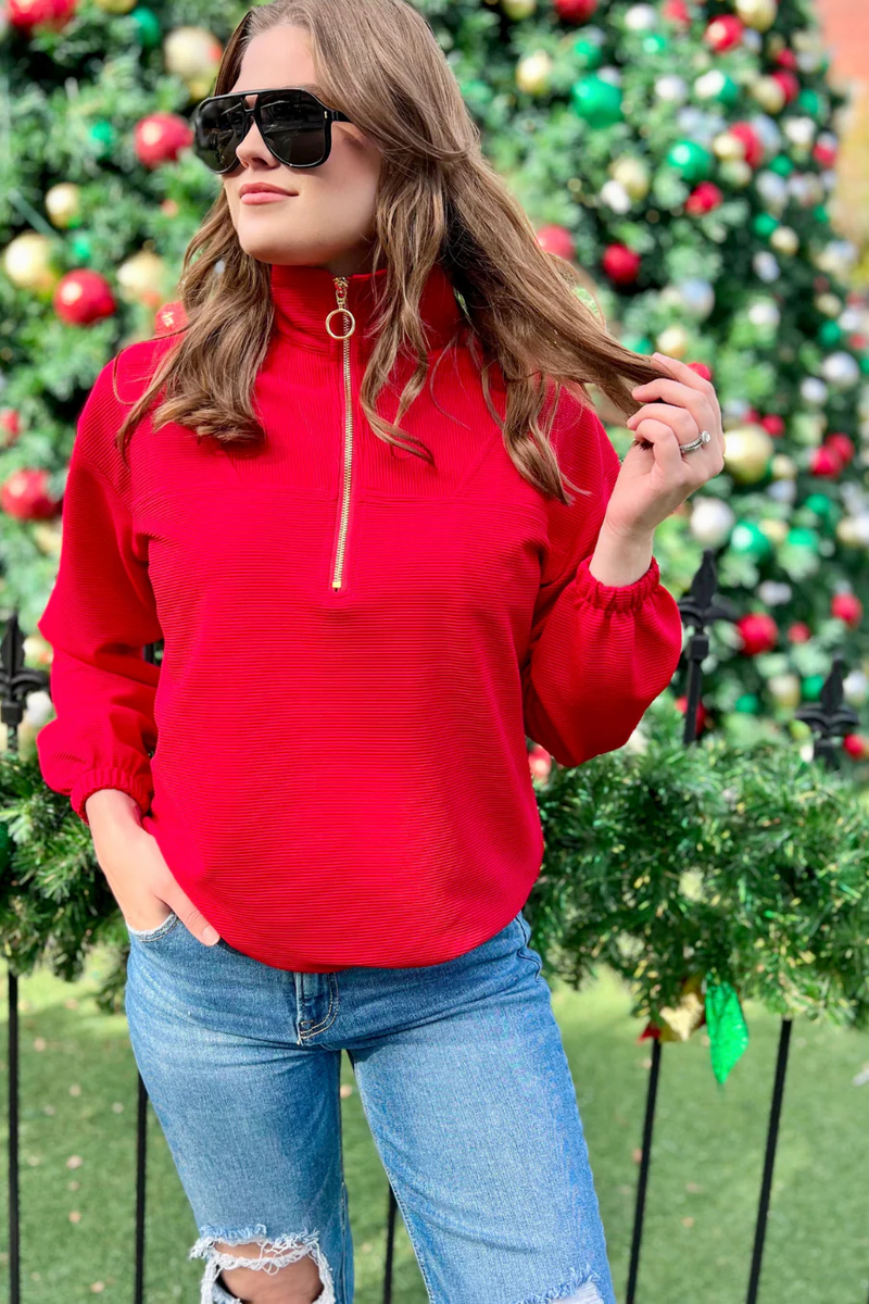 Jess Lea - Levi Red Ribbed Quarter Zip Pullover