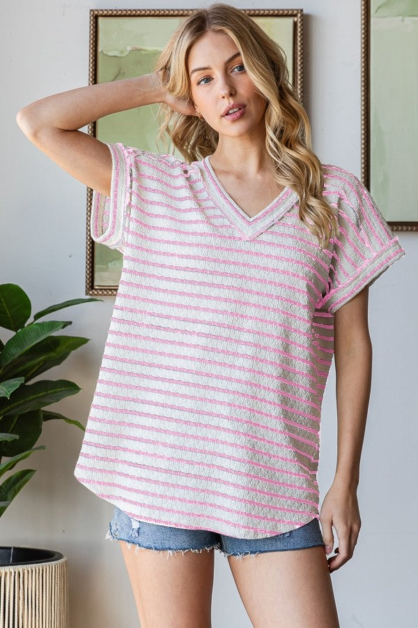 Casual Day Light Pink & Cream Striped V Neck Top