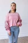 Rosy Affair Pink Waffle Knit Sequin Sleeve Top