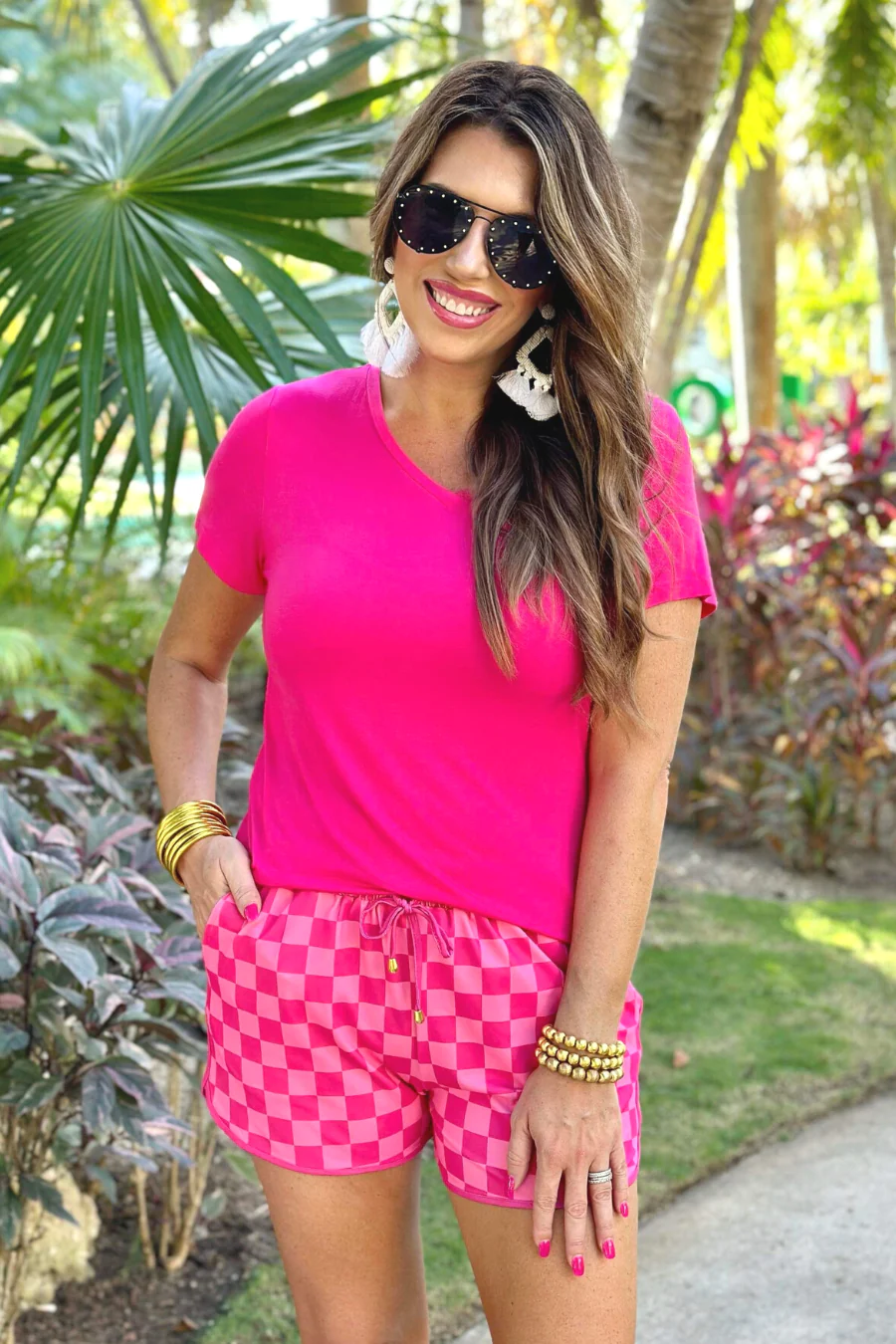 Checked Out Pink Checkered Drawstring Everyday Shorts