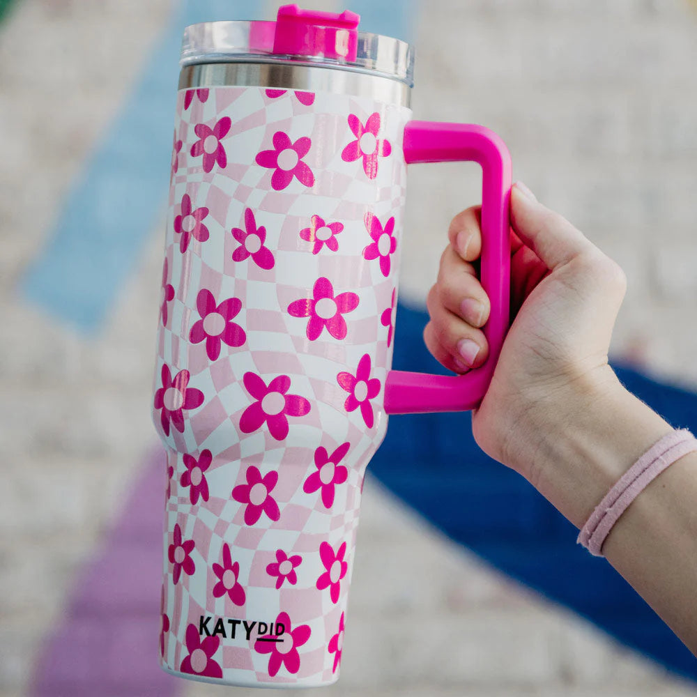 Pink Flower Groovy Check Tumbler with Handle 40oz