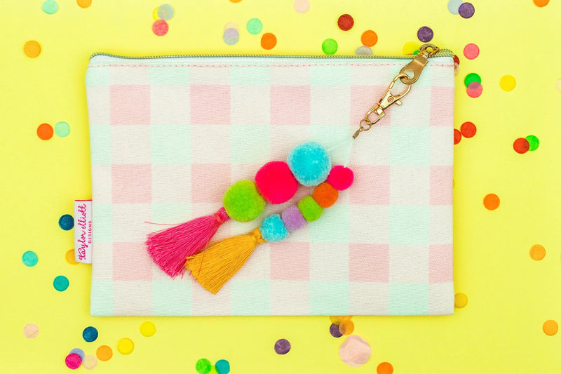 Pink Gingham Pouch with Pom & Tassel Keychain